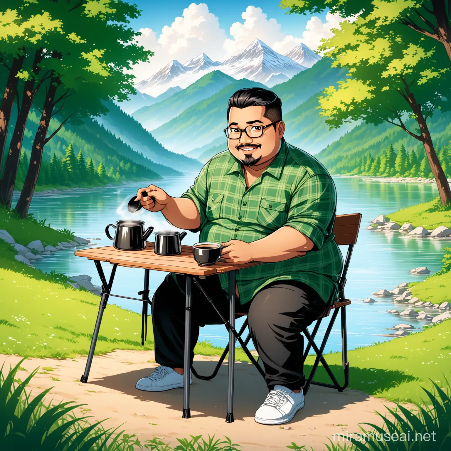 4d caricature of a handsome Indonesian muslim man with a handsome face, fat, glasses, wearing a green flannel shirt, black pants and white shoes.  Sit on a portable folding chair in front of the tent.  Next to it is a magic pot with hot coffee and a saucepan on a portable folding table.  Located on the banks of the swiss River, with a backdrop of tall forested mountains, the surrounding grass is very green and fresh.  White clouds in the sky, minimal light.  Ultra HD, Real Photo, High Definition, Very Sharp, 18mm Lens, Real, Photo, Leica Camera
