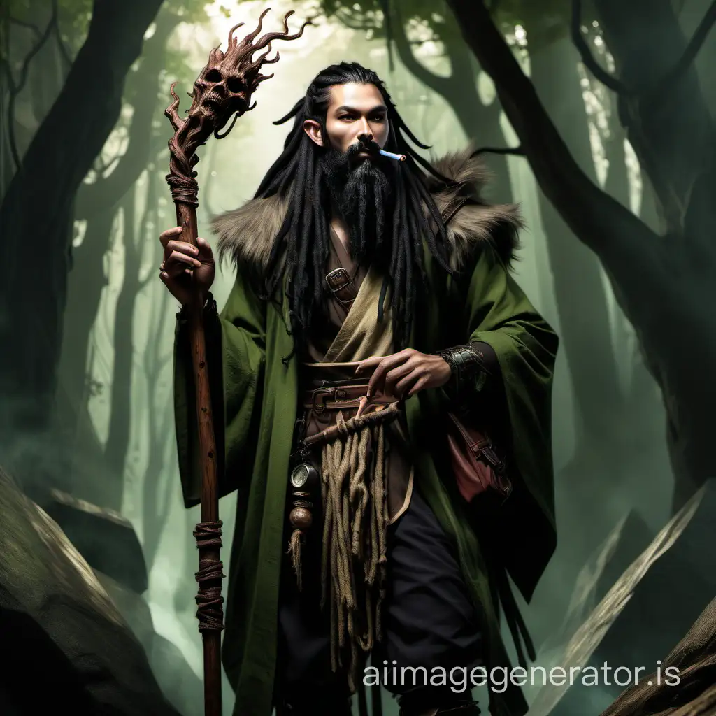 fantasy elven dungeons and dragons druid dreadlocks black hair long black beard wooden staff smoking pipe barkskin