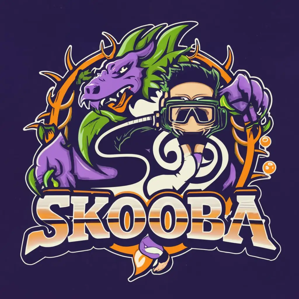 a logo design, with the text 'skooba', main symbol: a dragonscubaouroboroswolfyinyang/ a giant axe/ green/ purple, complex, clear background