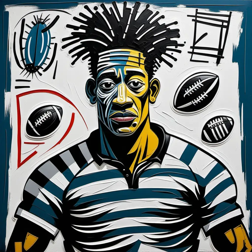 Peinture d'un rugbyman style art moderne inspiré de jean Michel   basquiat et picasso