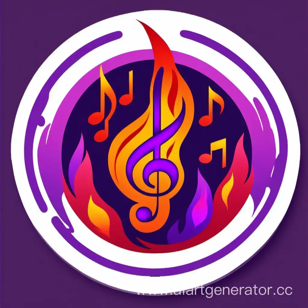 Circle icon with purple and red fire with music notes