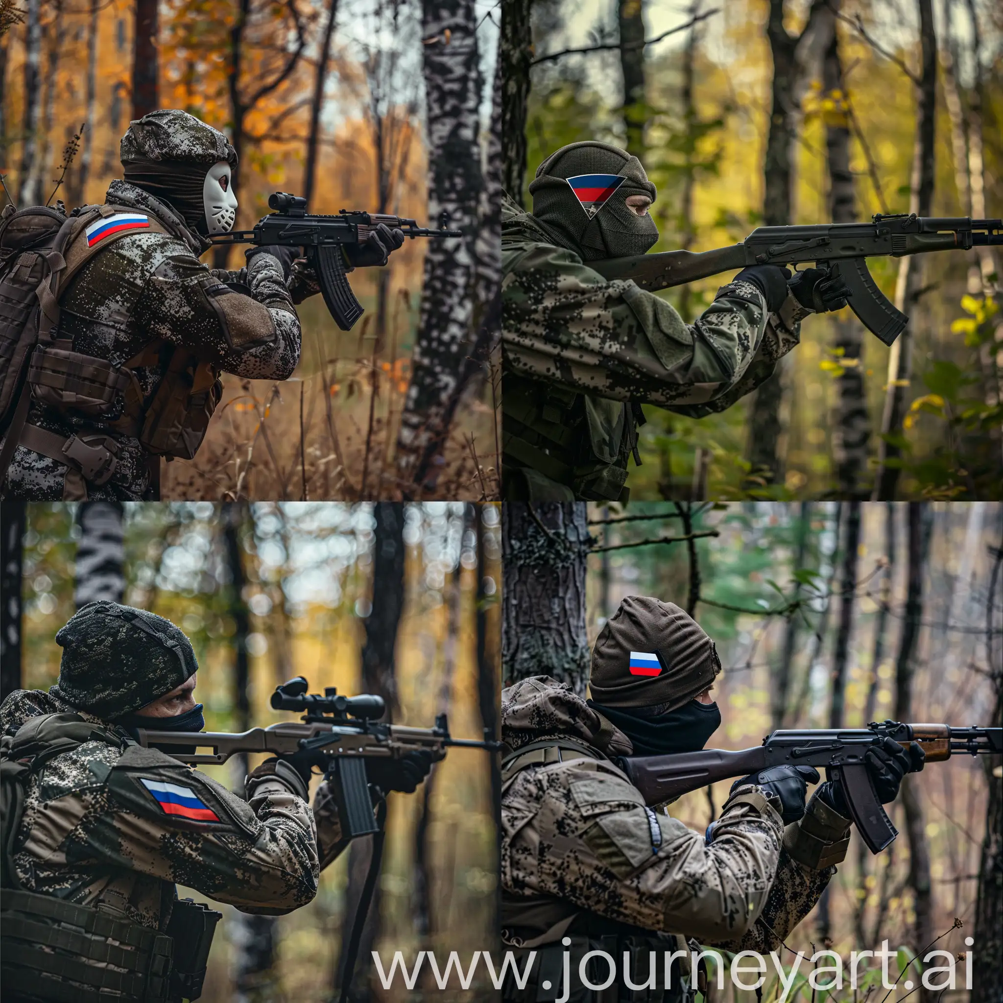A man in an anonymous mask and camouflage uniform with a chevron of the Russian flag on his shoulder, aiming a hunting rifle in the forest