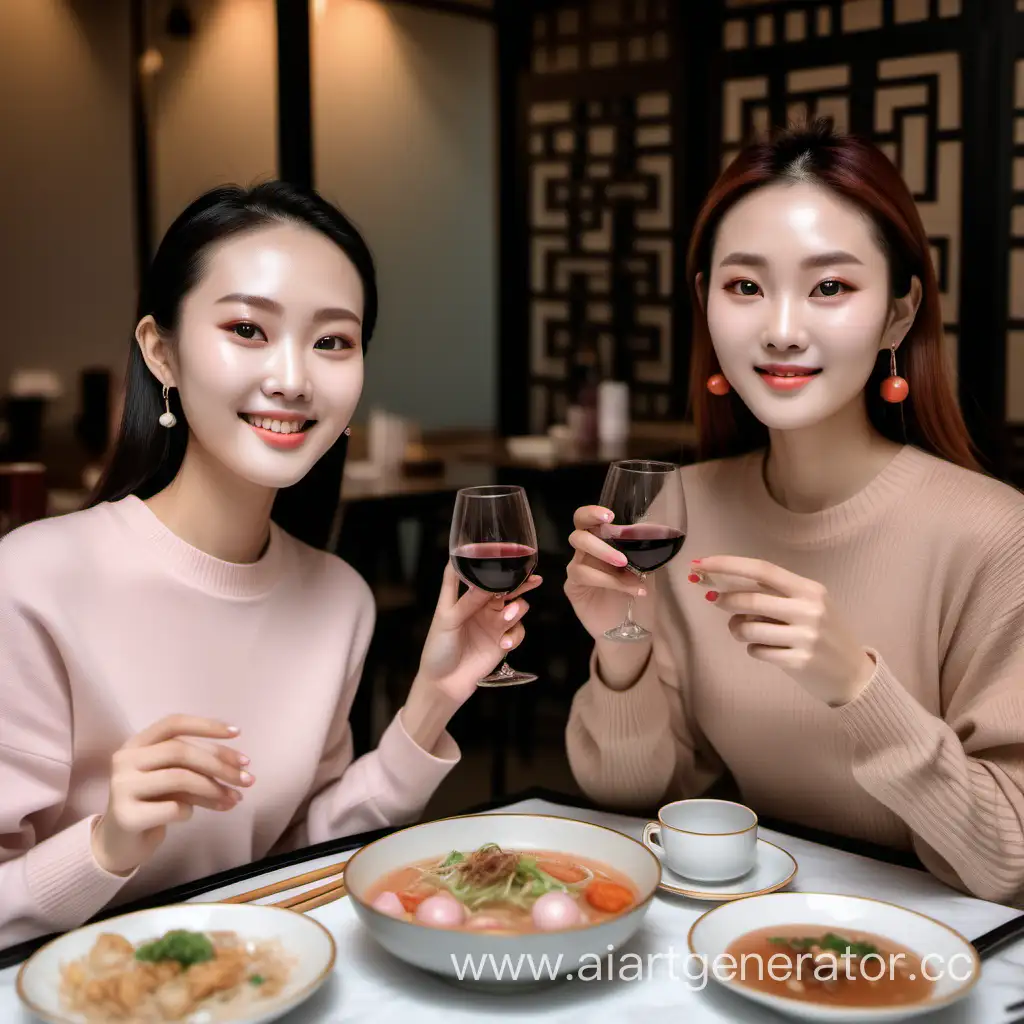 Stylish-Chinese-Women-Enjoying-Feast-with-Wine-and-Delicacies