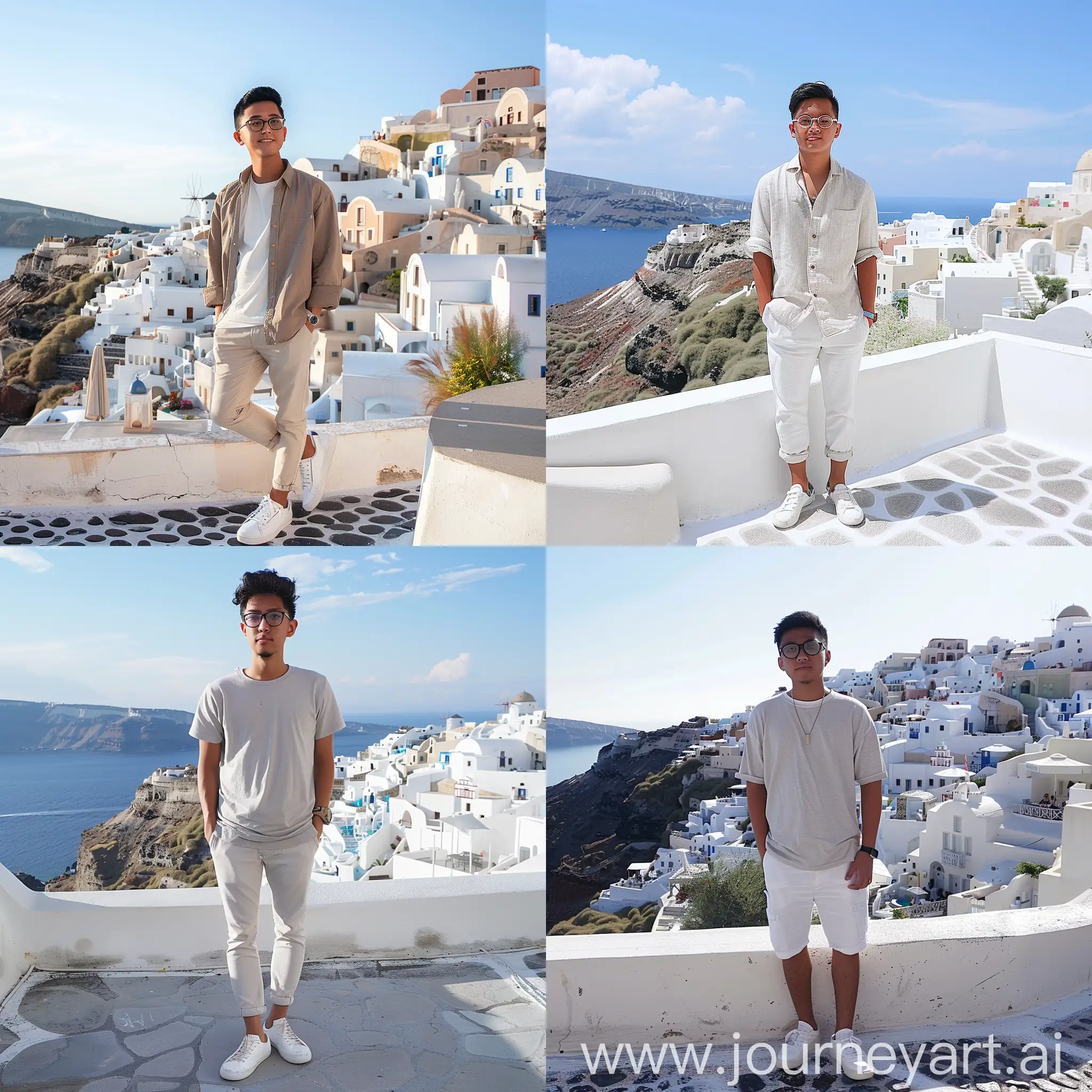 an 18 year old Indonesian man, glasses, white shoes, standing in Santorini,