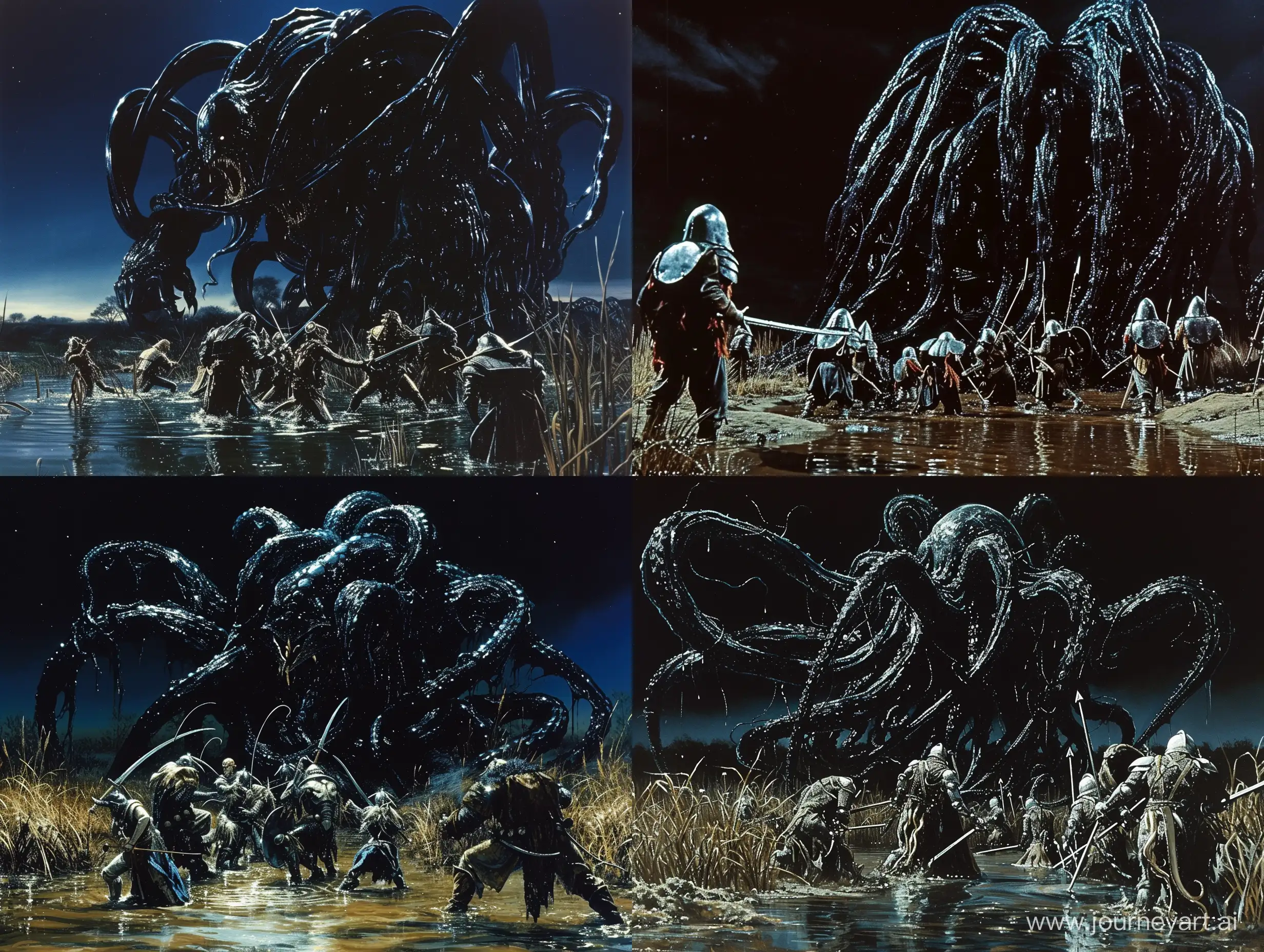 dvd screenengrabs character/arx fatalis gargantuan glistening mass of black tentacles constricting a group of lightly armored warriors from a swampy marshland watery basin at night dark fantasy 1980 style
