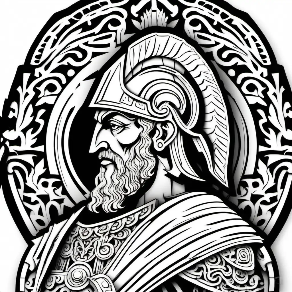 Paper cut art style, skanderbeg, with his famous goat head helmet low detail,colouring page, white background, not so complex