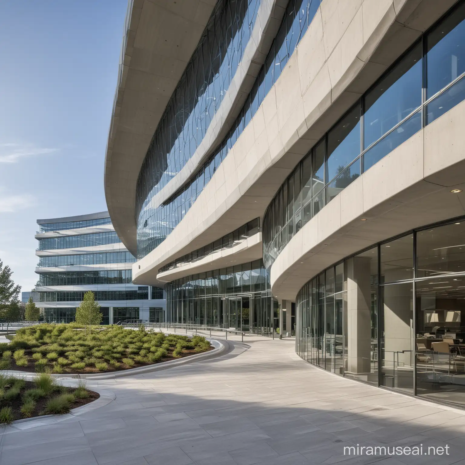 edificio corporativo de oficinas para Nvidia que se caracteriza por una arquitectura vanguardista que incorpora superficies cuadráticas curvas y rectas en toda su estructura
