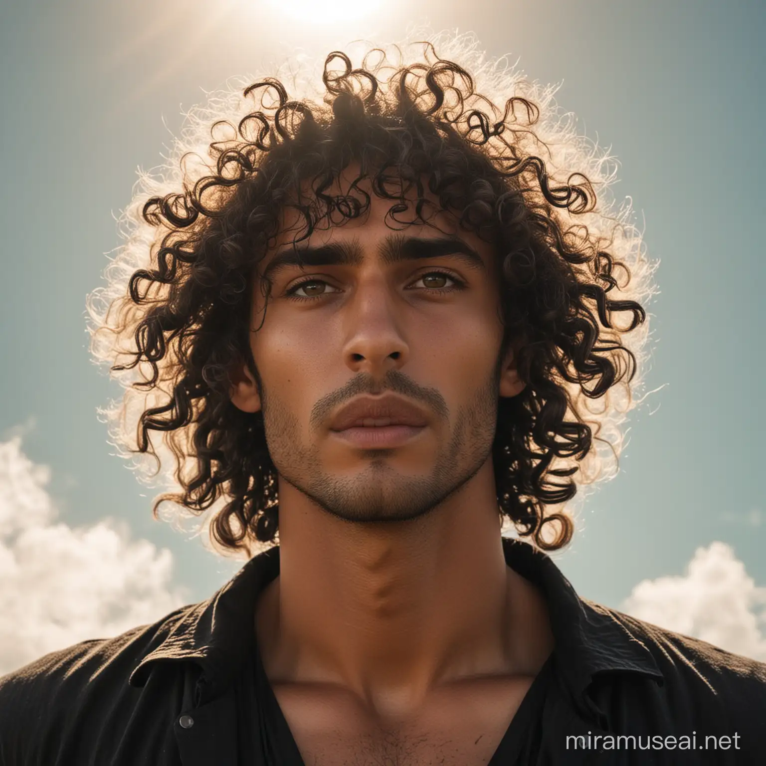 A tall gothic man with curly hair, tanned skin and an intense gaze reaching out to the sun 