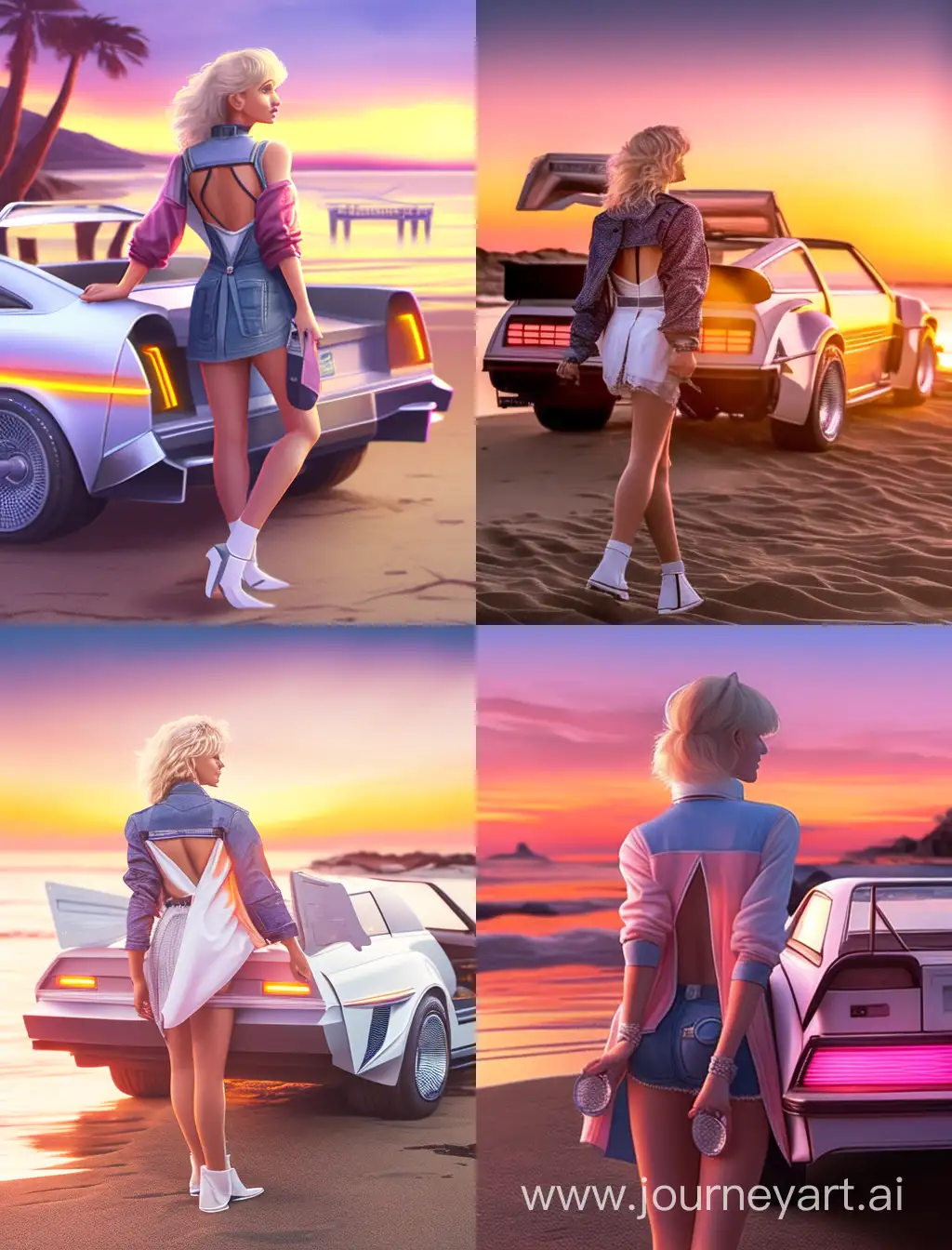 Blonde Brittany Snow in a bikini posing with the Back to the Future delorean on a beach at sunset.