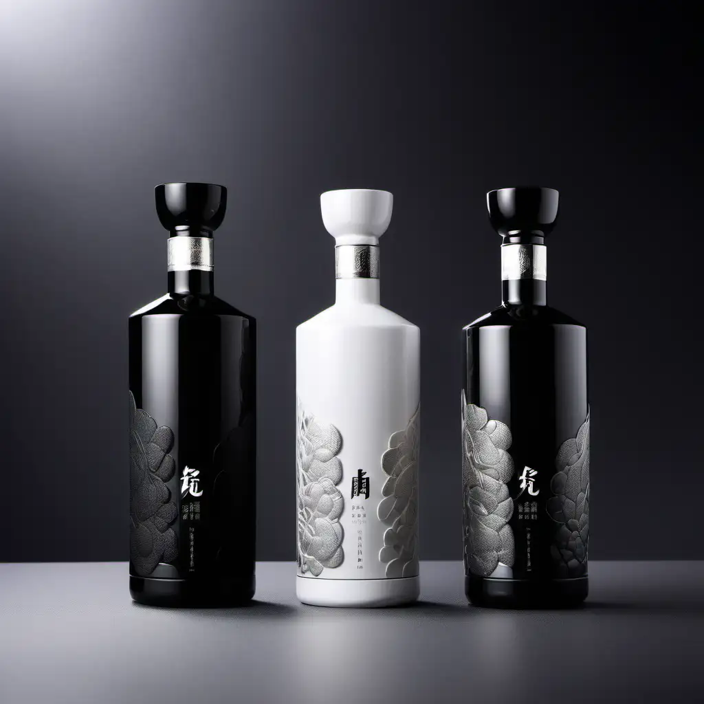Modern health liquor packaging design, high end liquor, 500 ml ceramic bottle, photograph images, high details, silver and black minimalist texture, brand name is 玖莼