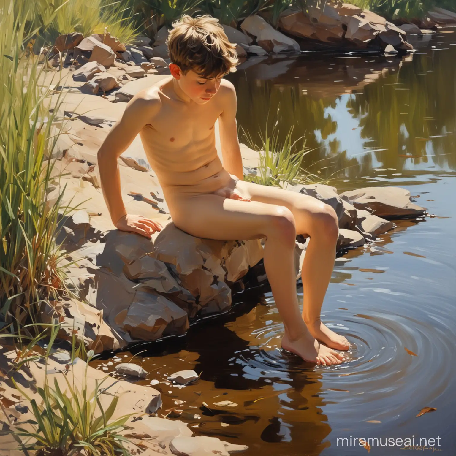 в стили хуудожника Хоакин Соролья ..картина. обнаженный 
 мальчик на фоне реки .осфещение контражур.ноги в невысокой траве.