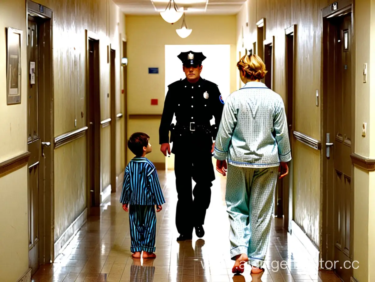 in the larger hallway room there are a policeman, a man and a woman, and next to him a boy of about eight in pajamas