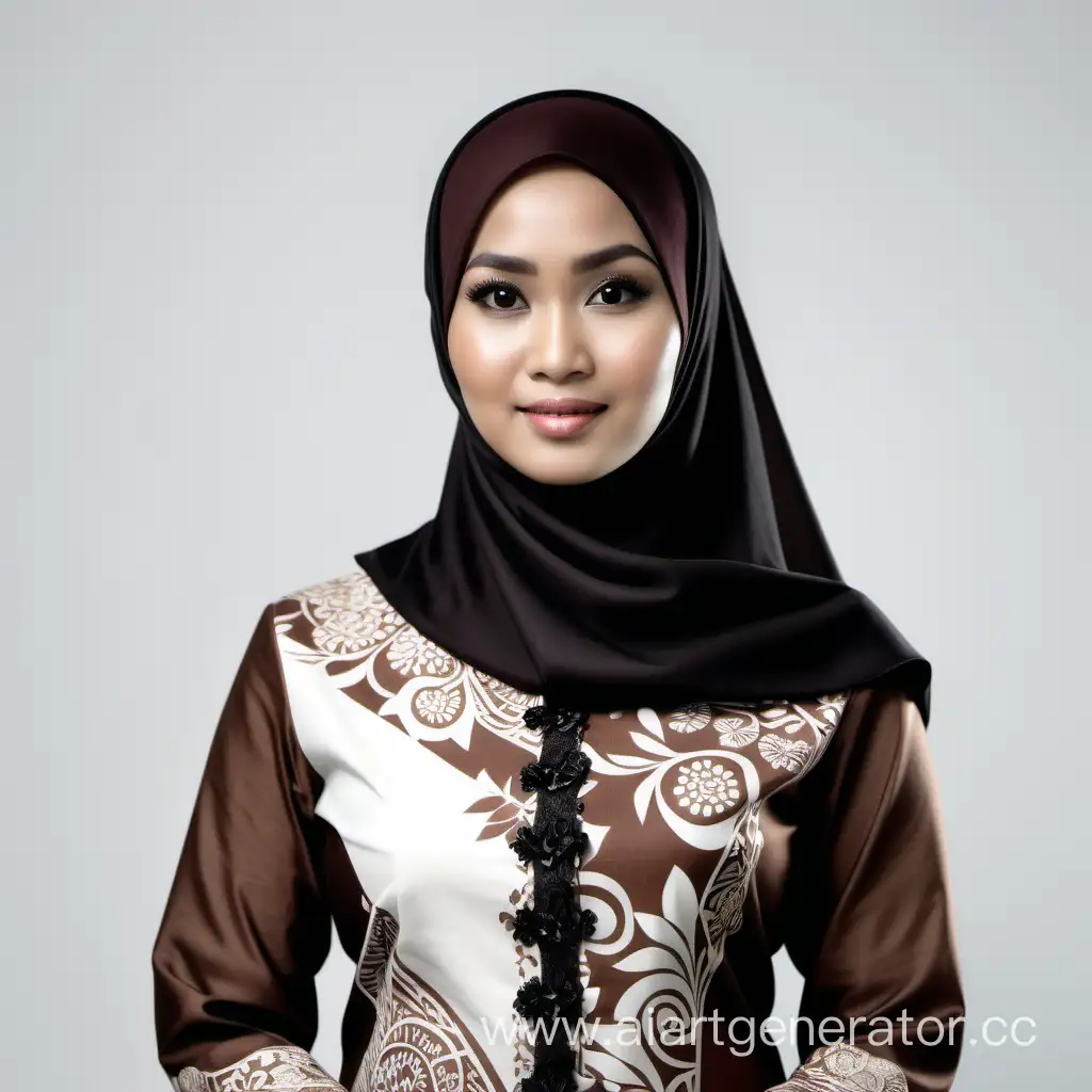 seorang wanita indonesia memakai kebaya berwarna coklat dan putih dengan motif batik, memakai hijab berwarna hitam yang menutupi leher dan rambut, berdiri di depan background berwarna putih, formal, Realistic, Natural Lighting, 1:1, Deep