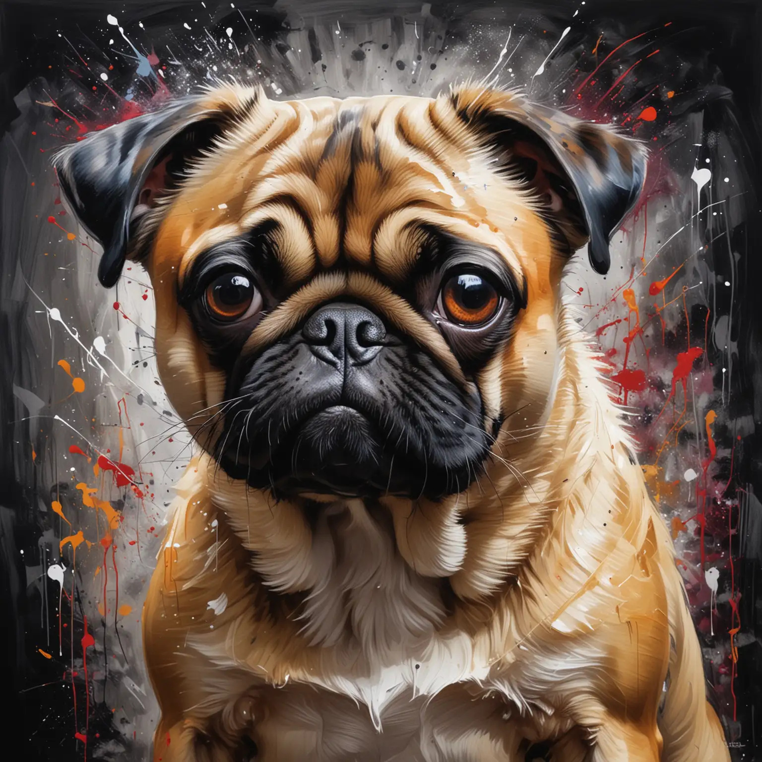 Neo-expressionist style of a fawn pug depicted with bold, exaggerated forms, impulsive brushwork, dramatic alcohol effects, bold, energetic, confrontational.