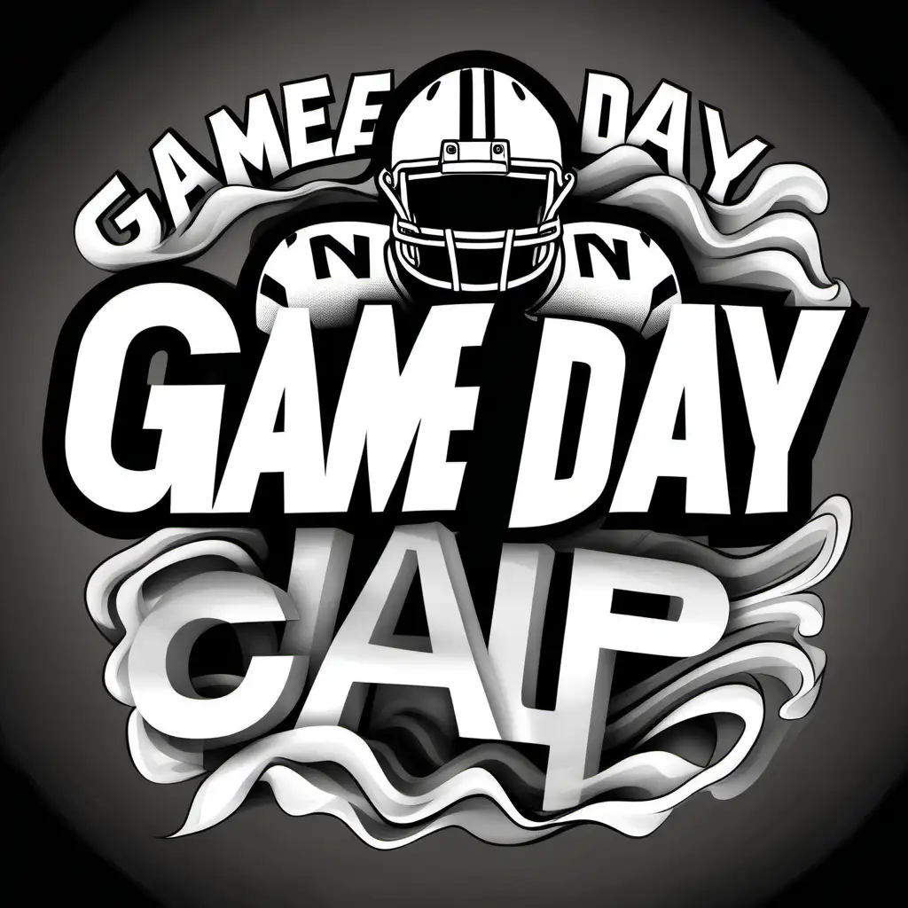 GAME DAY, WAVY LETTERS, FOOTBALL PLAYER HEAD, BLACK AND WHITE, NO BACKGROUND