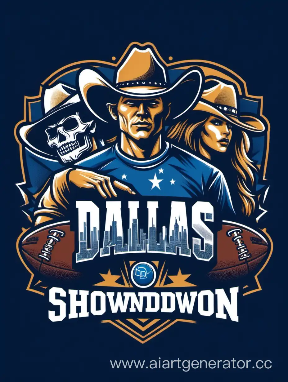 
 "Dallas Showdown" with cowboy and football symbols facing off in the t-shirt design, high quality picture 
