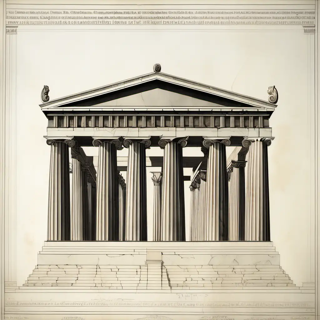 Front View Architectural Drawing of Greek Temple to the Gods of Olympus