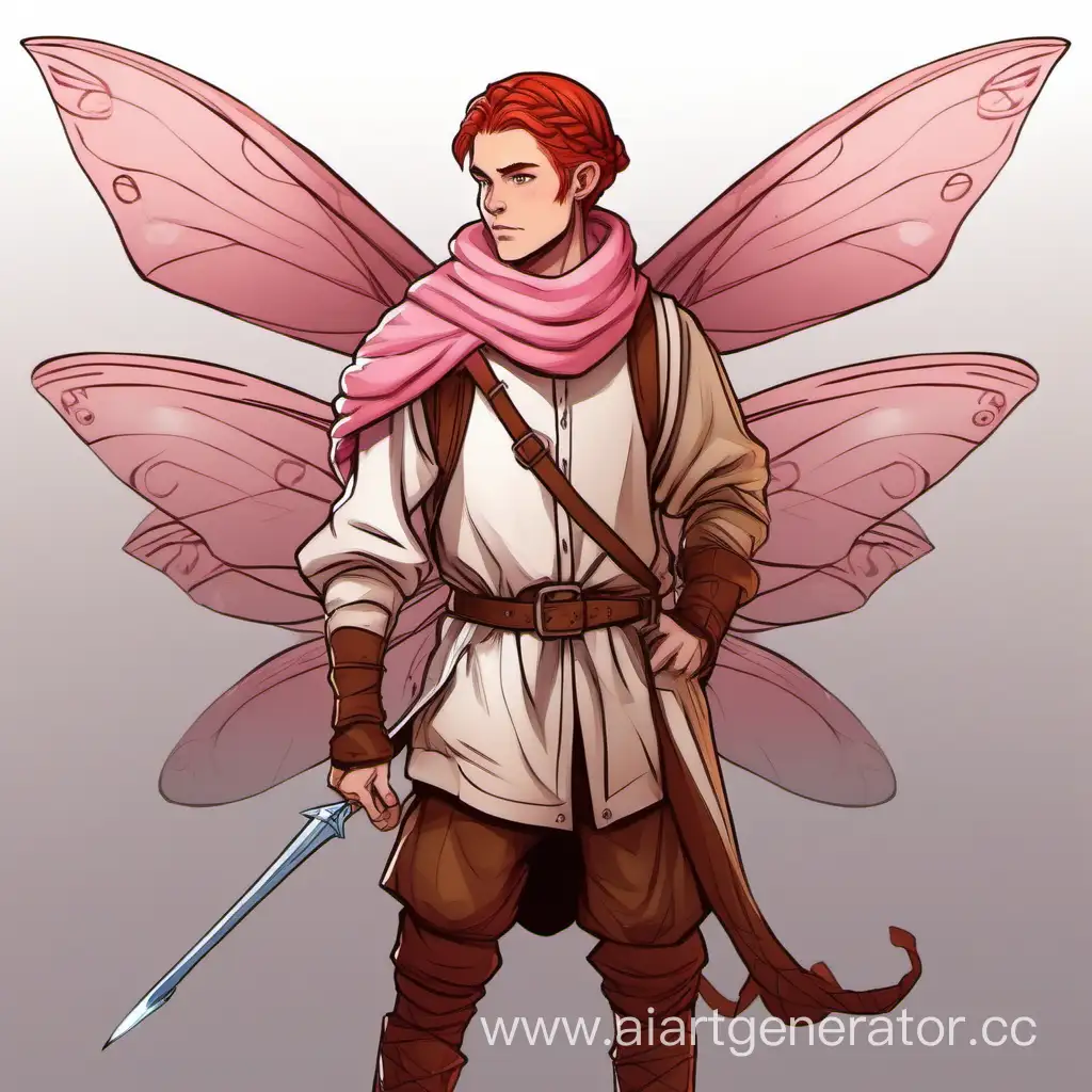 The young guy is a fairy, with red hair braided in a ponytail, and pink wings like dragonflies. he is dressed in warm medieval clothes of brown color, skins on clothes of white color, dnd