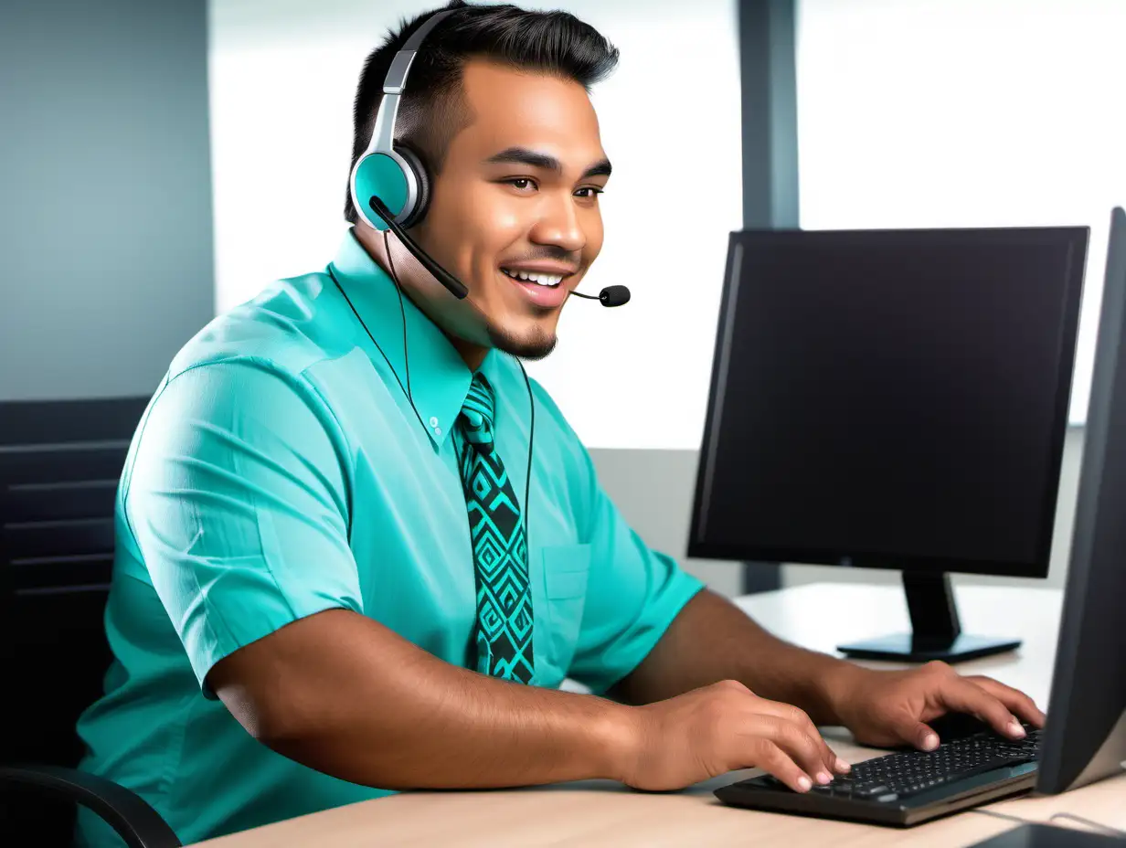 polynesian man working at contact center, answering web chat, wearing teal shirt