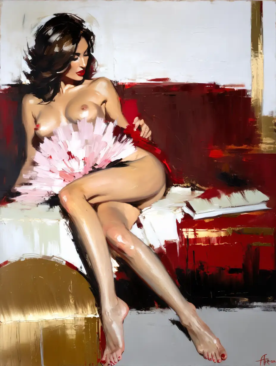 
(an expressive painting:1.2), large strokes style, palette knife style, (Henry Asencio style:1.2), (Fabian Perez style:1.3) , a beautiful , sexy mixed (naked:1.3) woman , luxurious parisian courtesan , (cooper hair) , smirk , (bimbo) , 