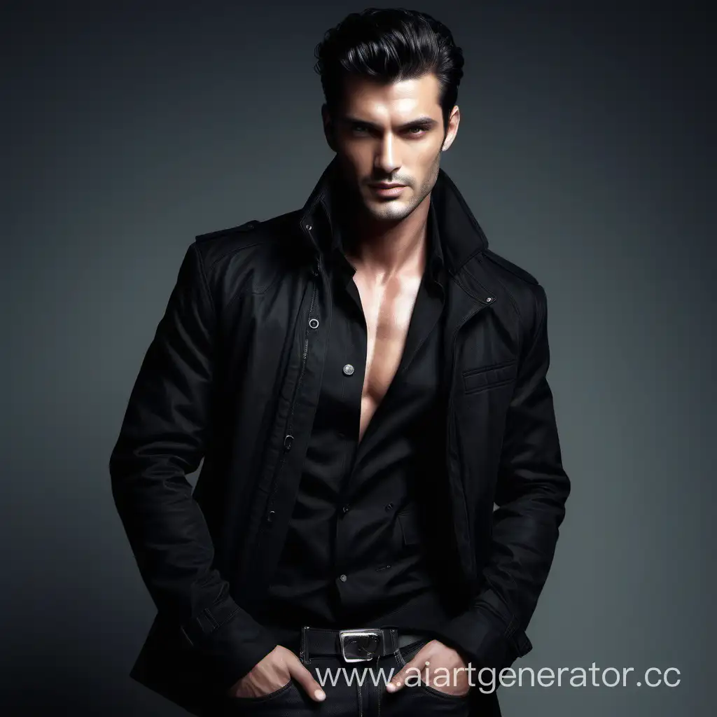 Seorang pria tampan memakai jacket hitam, dengan gaya supermodel