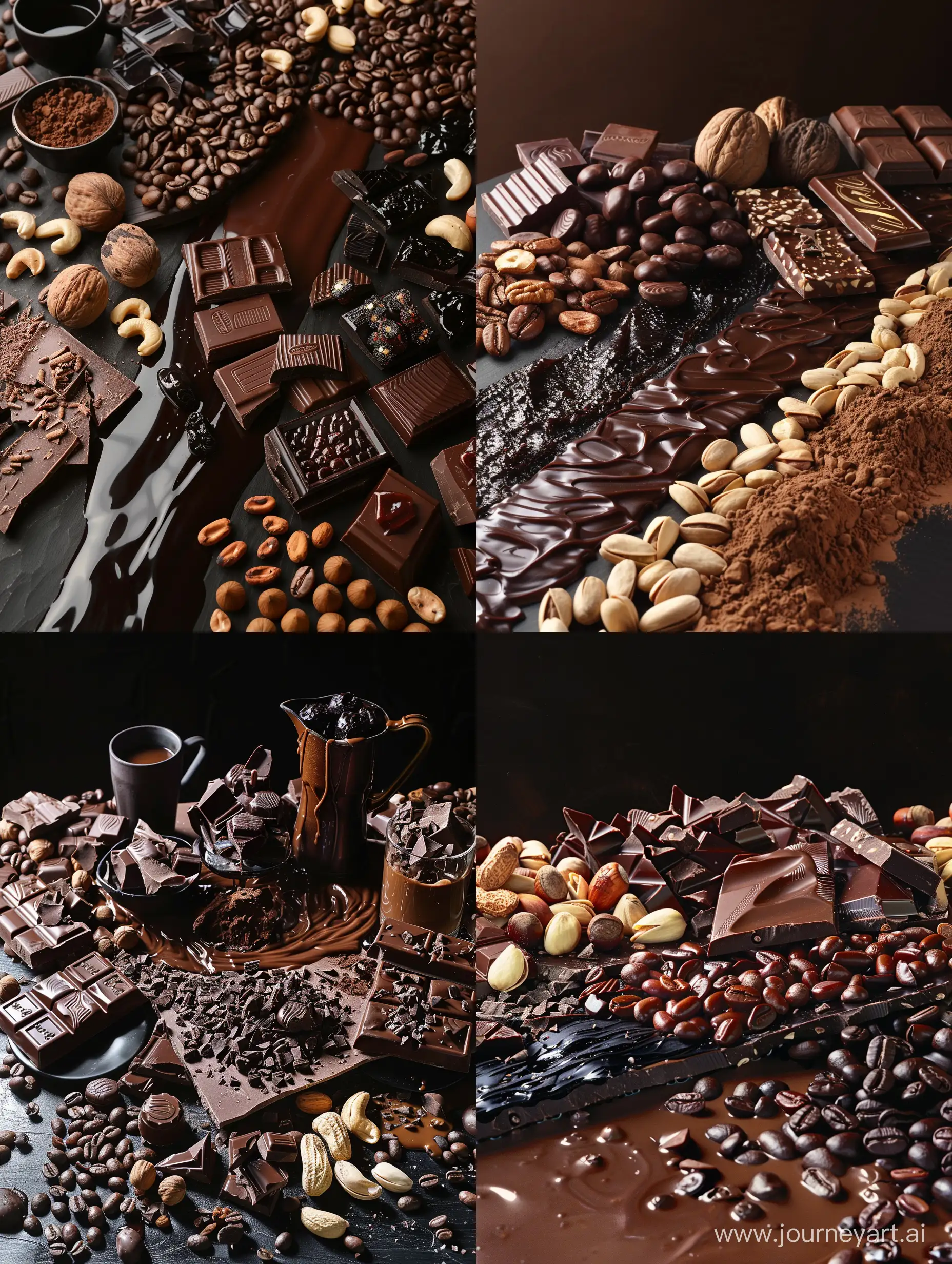 a table topped with assorted chocolates and nuts, chocolate, chocolate. intricate background, chocolate art, chocolate river, fully chocolate, celebration of coffee products, dark chocolate painting, ebony rococo, chocolate candy bar packaging, solid dark background, amazing food photography, chocolate sauce, black and brown colors, some chocolate sauce, sitting on a mocha-colored table, fuji choko,24k