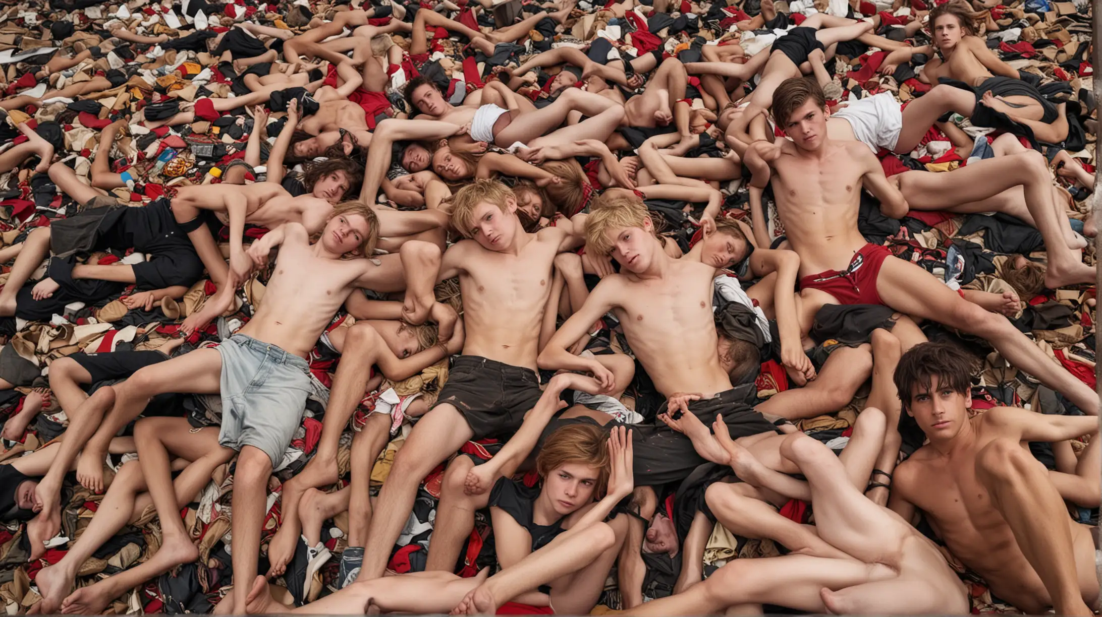 A heap of dead boys between the ages of 12 and 17, piled up in a heap of chaos, blonde, brown, black and red hair, barefoot, shirtless, no clothes at all.. Front view, wide-range view, feet visible, 