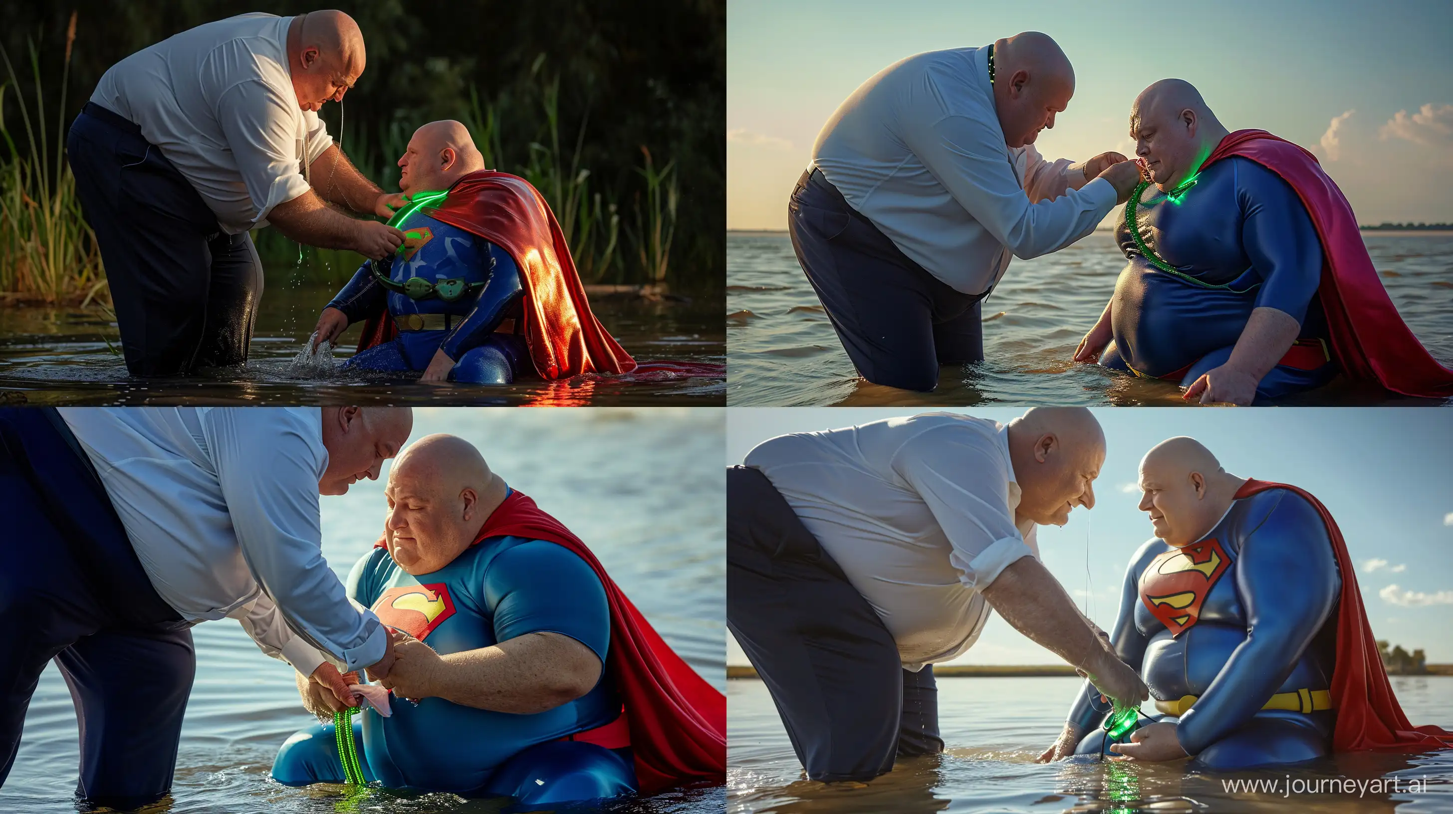 Close-up photo of a chubby man aged 60 wearing silky navy business pants and a white shirt, bending over and tightening a green glowing small short dog collar on the neck of another chubby man aged 60 sitting in the water and wearing a silky royal blue superman costume with a large red cape. Outside. Bald. Clean Shaven. --style raw --ar 16:9 --v 6

