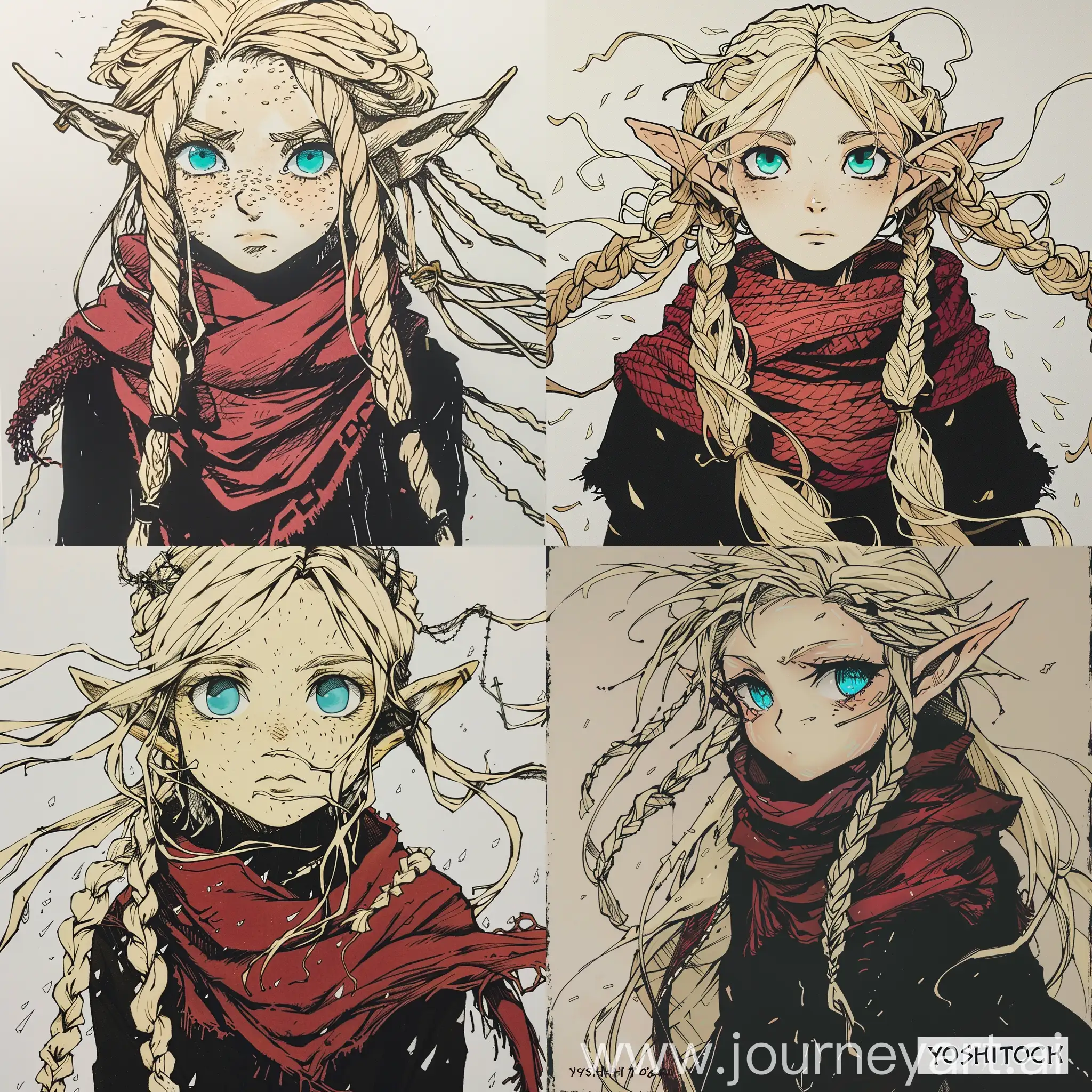 A edgy animation scratchy style manga style, hand drawing by Yoshihiro Togashi of a young teenage female high elf with long cream coloured scattered hair with braids and turquoise eyes wearing a crimson scarf and black clothes