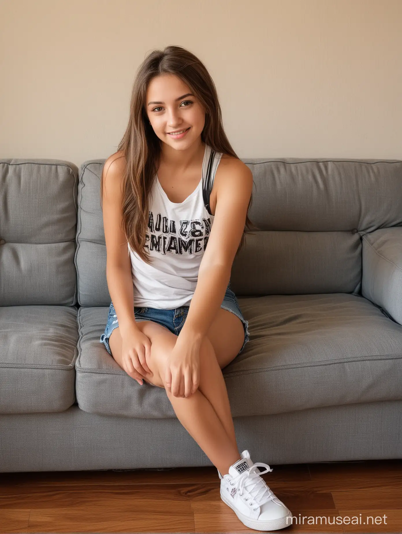Teenage Girl Relaxing on Couch in Casual Attire on Sunny Day