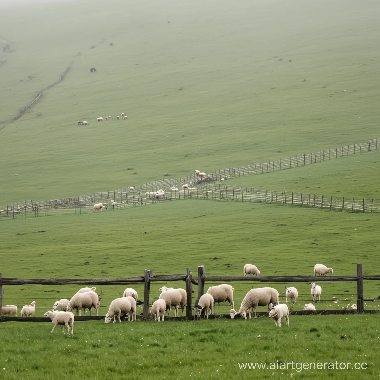 Tranquil-Pasture-Landscape-with-Grazing-Sheep-and-Wooden-Fence