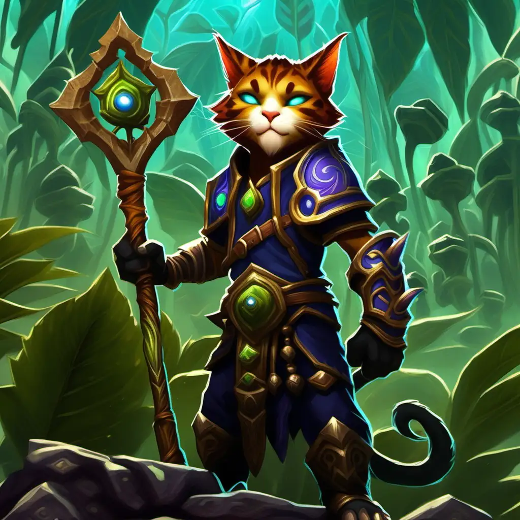 short feline humanoid character holding staff over a slab with tuberous plant and other holistic ingredients, stylized world of warcraft cinematic wow movie style, world of warcraft tcg art
