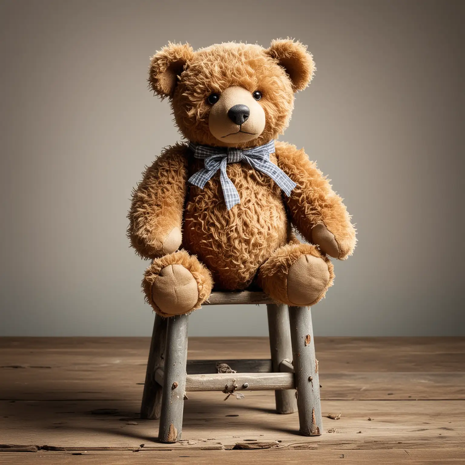 Battered old Teddy Bear sitting on a three-legged stool, no bow around the neck, no background