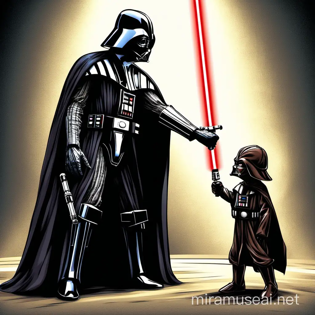 un caballero jedi de star wars enseñando a dart vader que el lado oscuro es malo