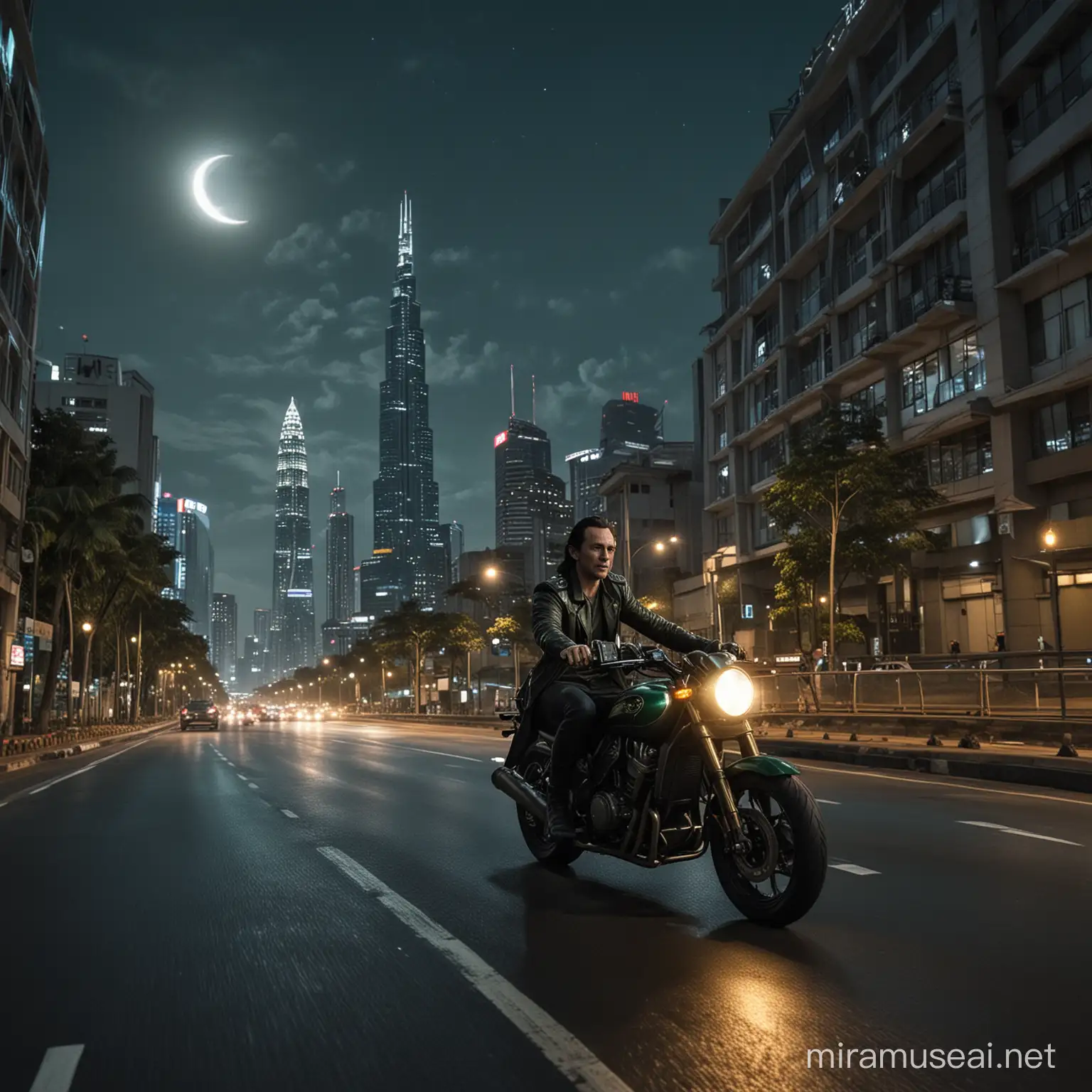 give me realistic image of loki laufeyson from marvel cinematic universe. in this picture he's riding a motorbike in jakarta road in the night. he ride a bike with tall building around them and there is a crescent moont behind. there is a busway transjakarta on the road and also mrt. he is enjoy the view of jakarta. the image is from the side with the camera slightly upwards.