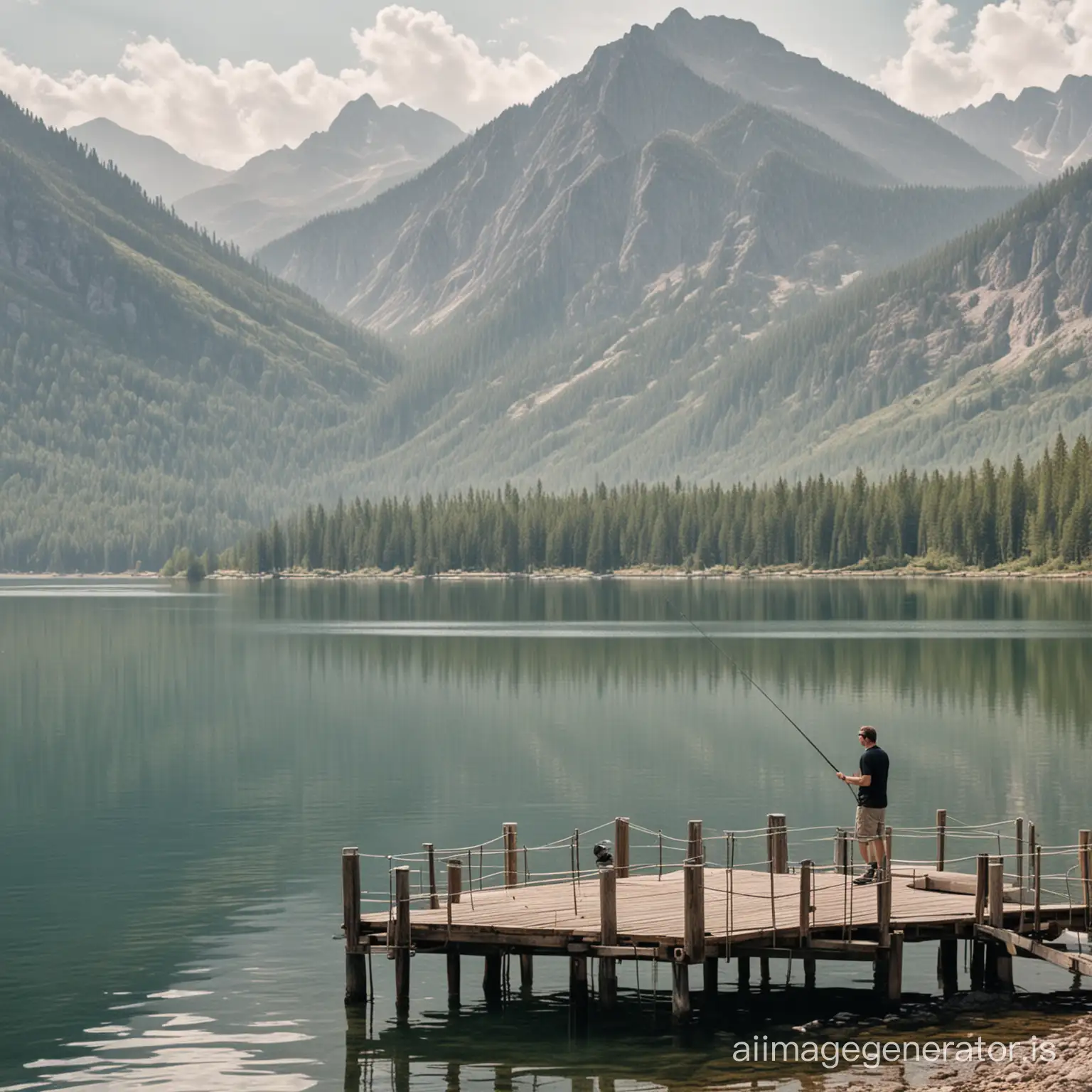 man fishing from dock, lake, mountain background