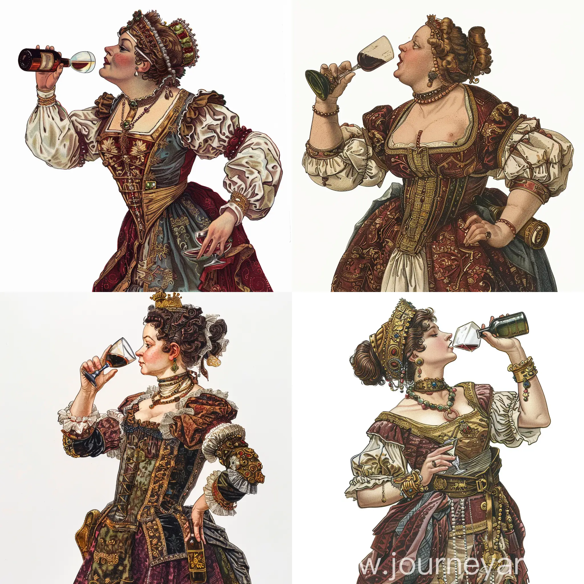 waist portrait of an ancient Ausrtria Queen, in profile, with a glass in his hand, which he brings to his mouth, the second hand is bent and holds a bottle of wine near his waist, in very rich clothes, color illustration, on a white background, Arthur Wrexham style