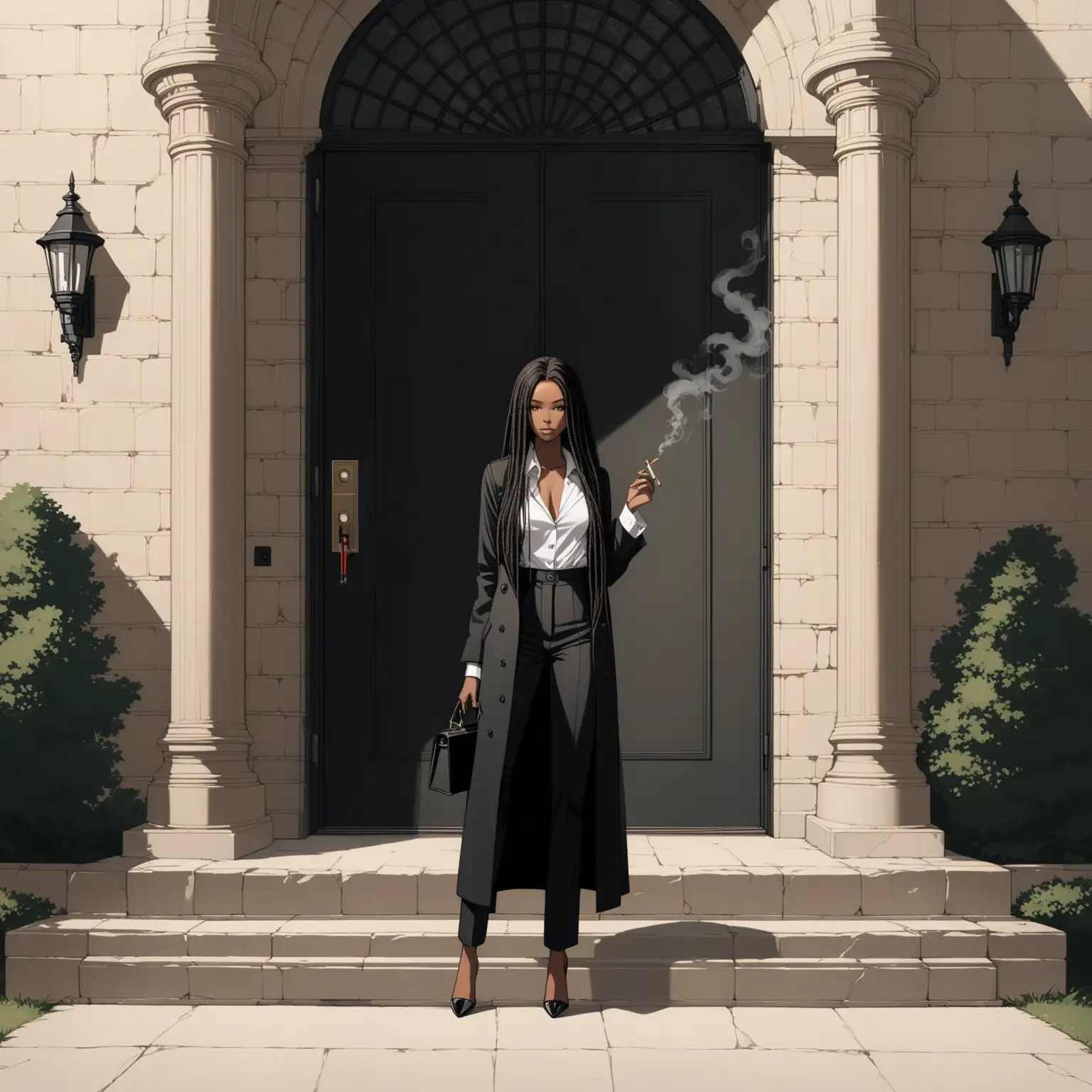 Full body of an african american female dressed in a long sleeve white button up shirt, black slack pants and a black trench coat her hair in long dred locks smokes a cigarette outside thr fromt front door of A vast stone mansion 