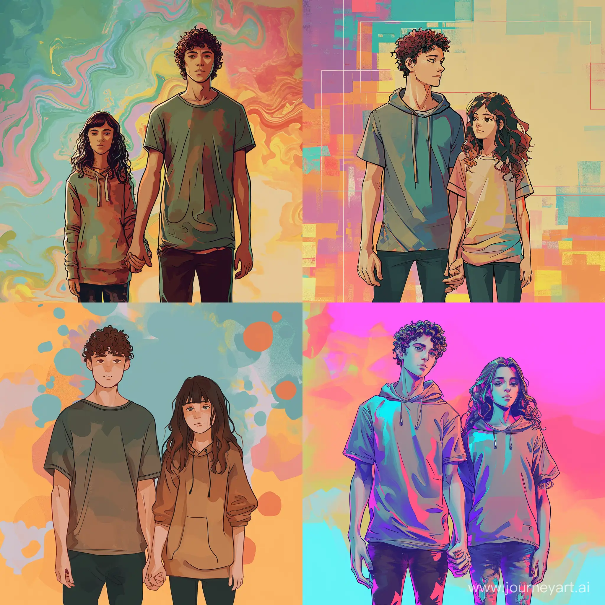 Tall-Guy-in-TShirt-and-Short-Girl-in-Hoodies-Holding-Hands-Abstract-Colored-Background
