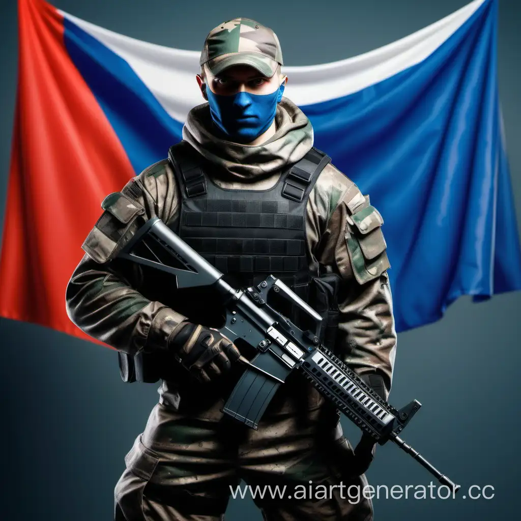 Воин, в комуфляже, с современным оружием на фоне флага России, защитник
