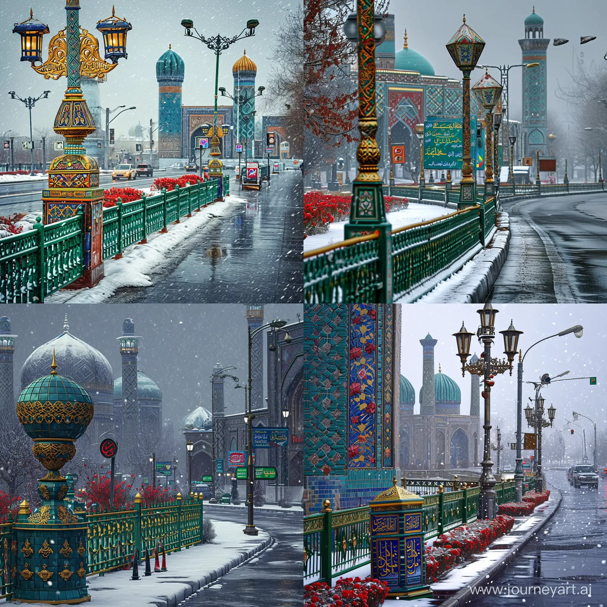 a winter urban city road with snow, dark grey dramatic weather, blue red green cyan tiled Uzbekistan architectures and persian mosques having gold ornaments, The road has green golden Islamic fenced sidewalk and street lights and trafficsigns and trafficlights and red green flowers, an ornate islamic lamp having direction signboards standing on side