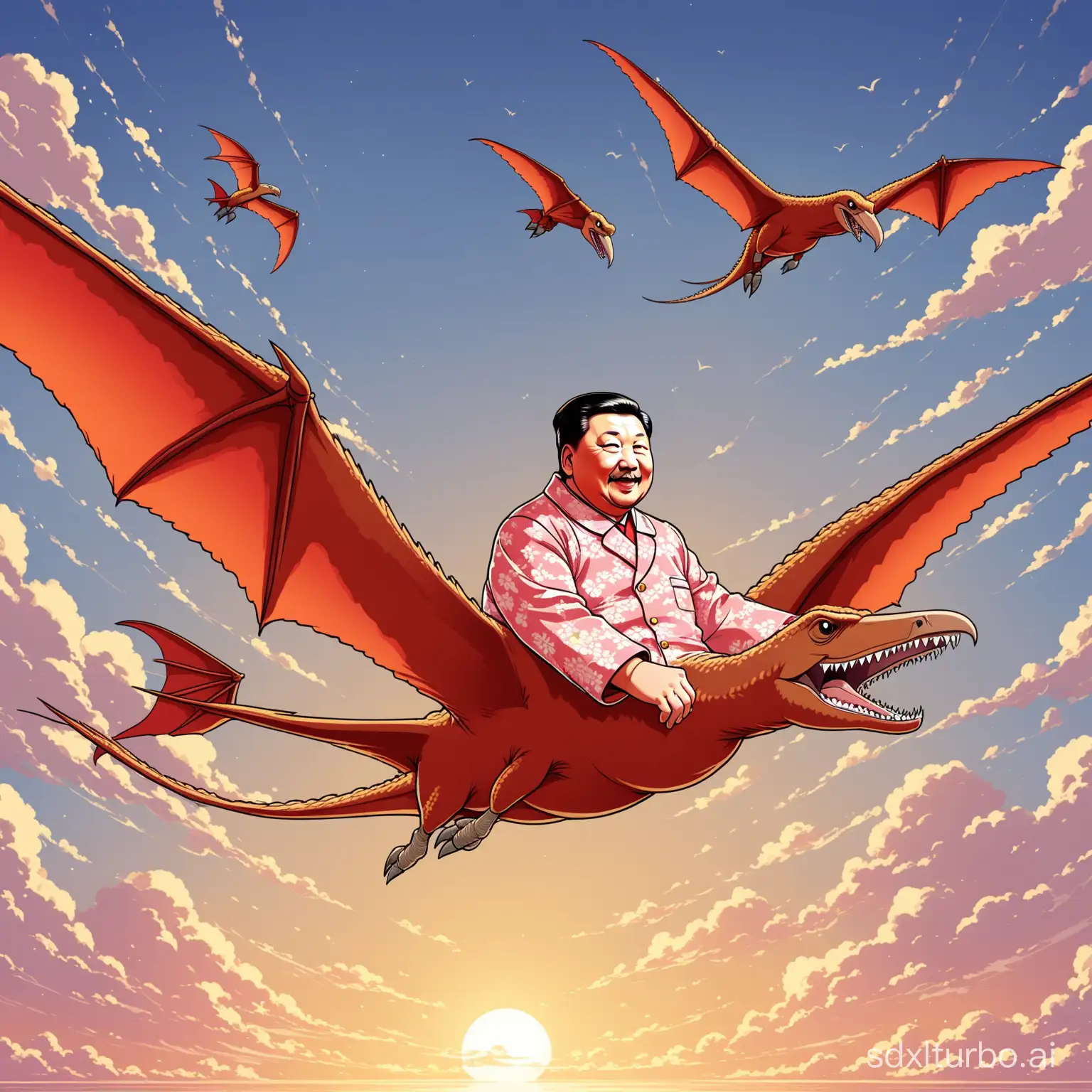 A red xi jinping flying in a pterodactyl with a pyjama