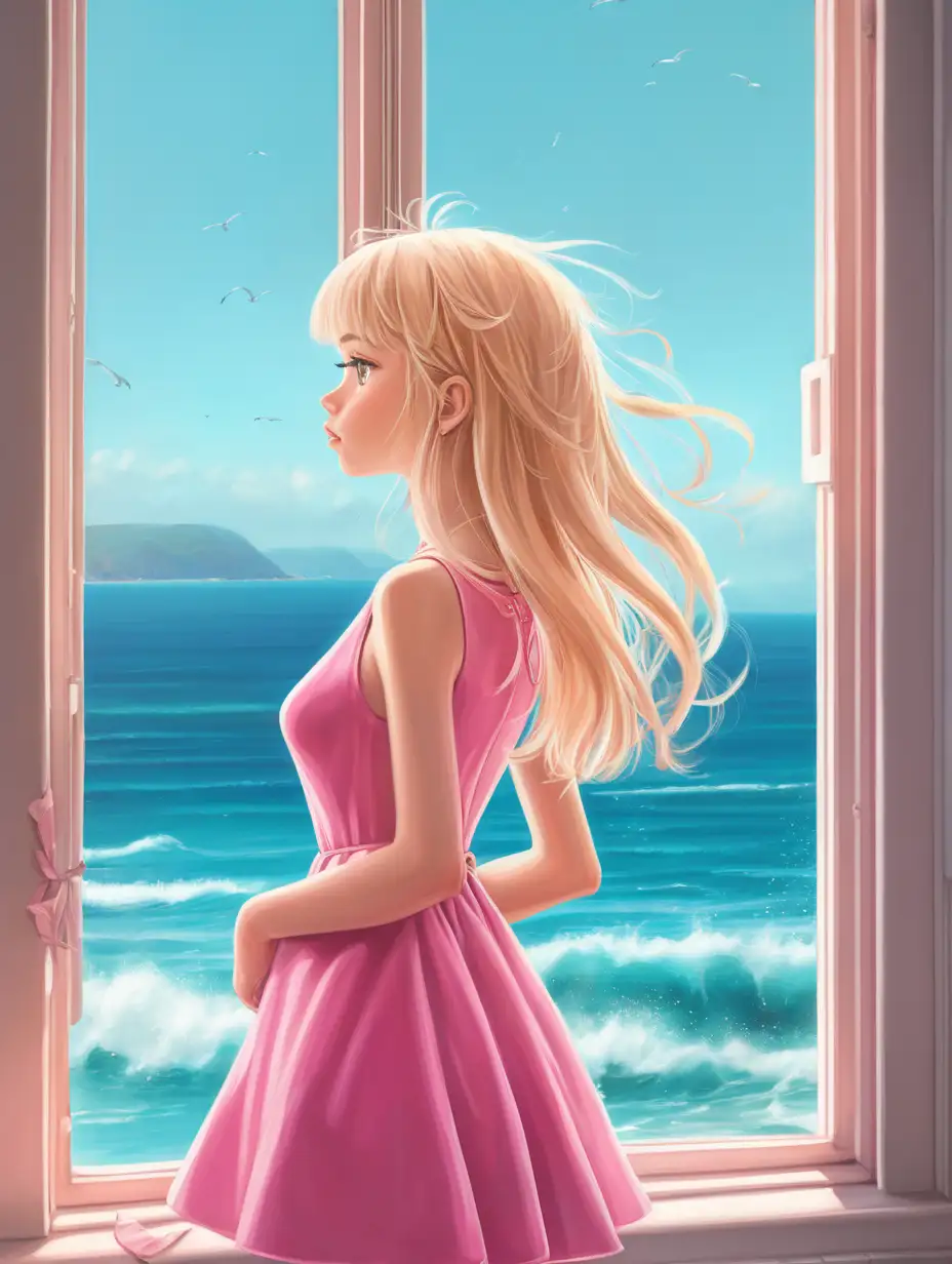 funky art style girl with blonde hair wears pink dress and looking at the window and sees ocean