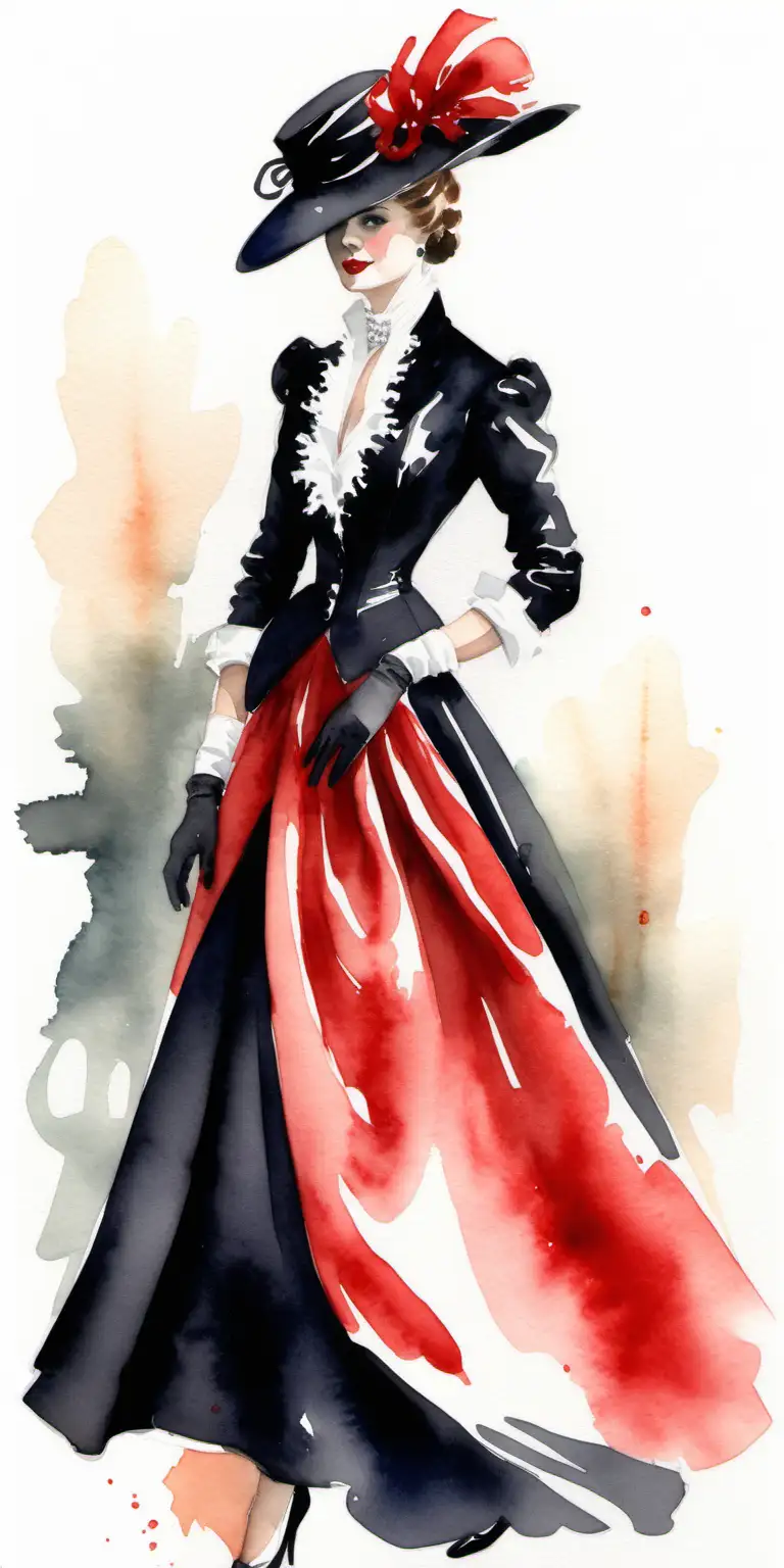 Elegant Ascot Lady in Stunning Black Red and White Watercolor Ensemble