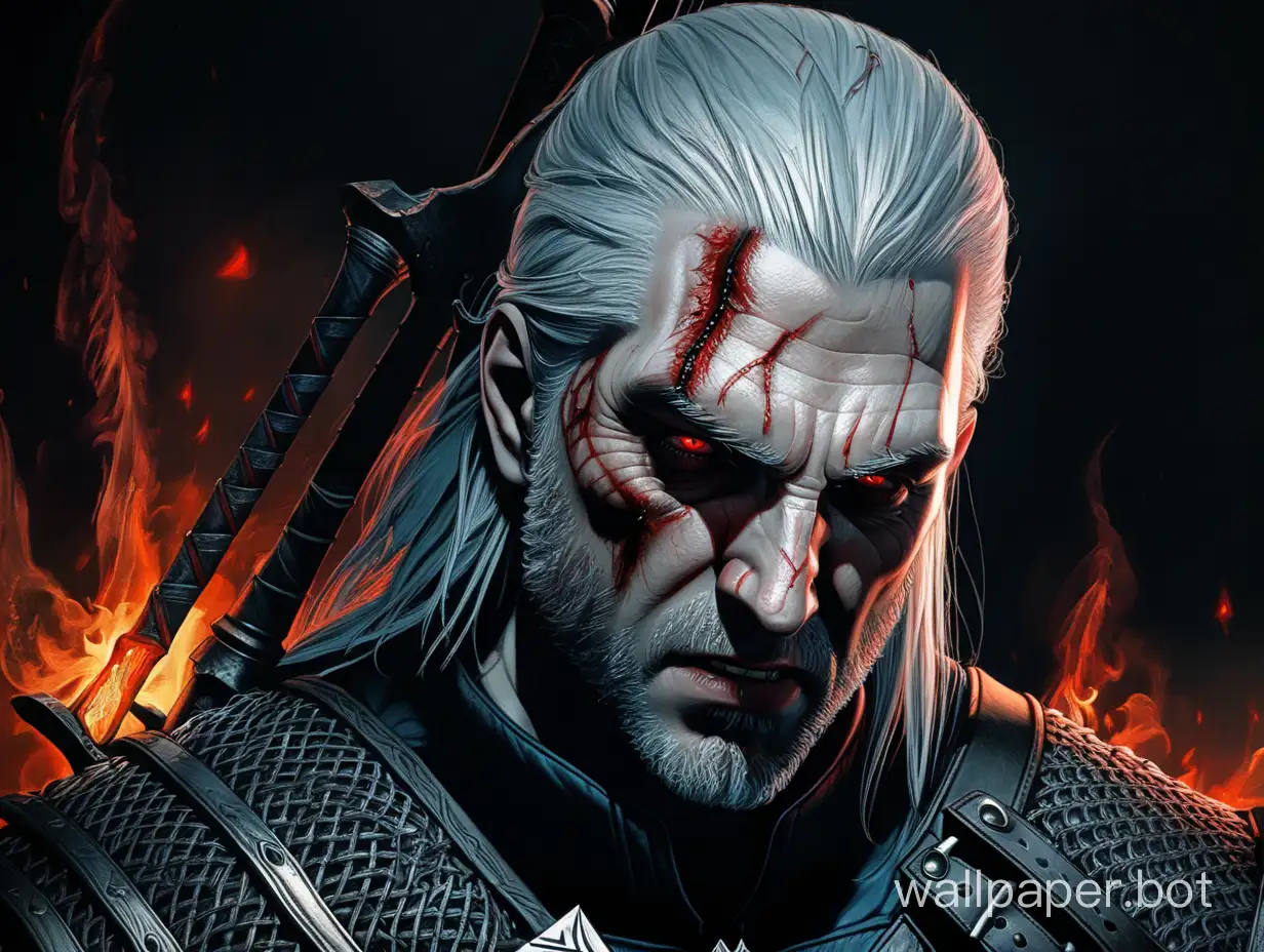 Geralt's face in cracks body in cracks evil face grim body and grim face burning Crimson red black eyes pupils black darkness engulfing darkness in the background body in wounds body in wounds darkness looking from eyes 
scary face soulless face looking 
darkness looking from behind
