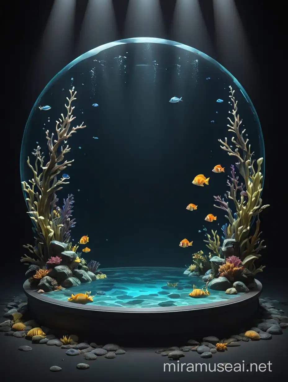 create a 3d cute style empty circular underwater stage with black background and dramatic lighting