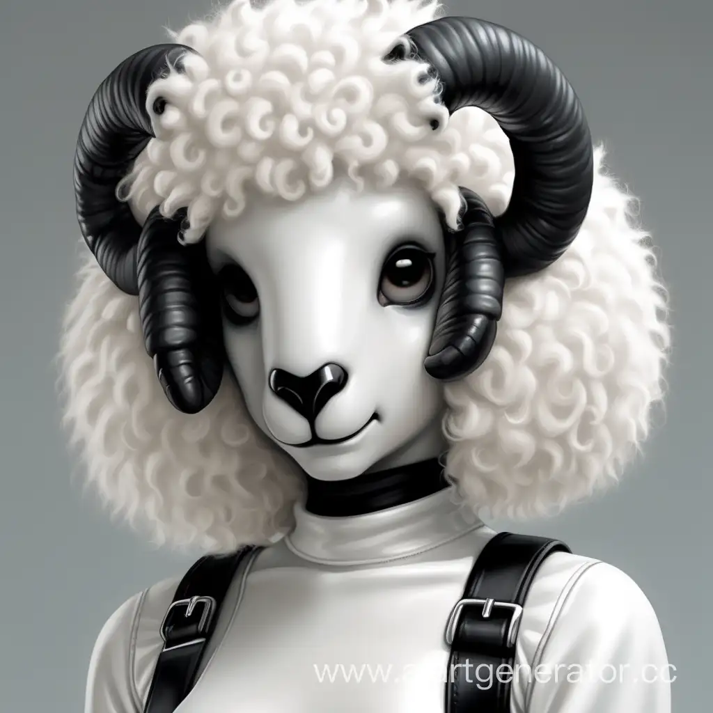 Латексная девушка фурри овца с белой латексной кожей с черной мордой овцы вместо лица. Изображение сделать в милой стилистике