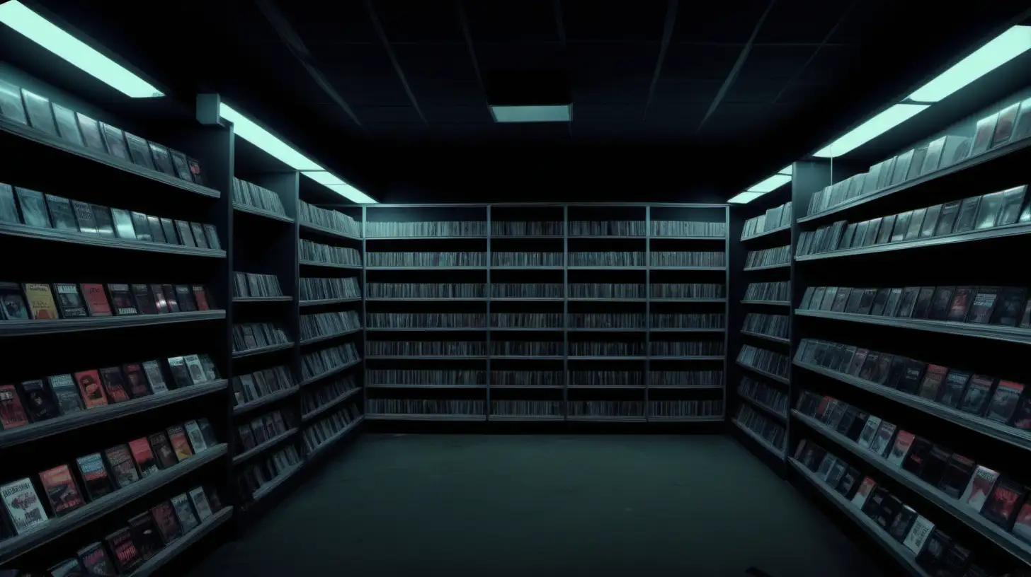 Generate a dark David Fincher-style vhs video store interior. tungsten LIGHTING, empty with vhs shelves 
