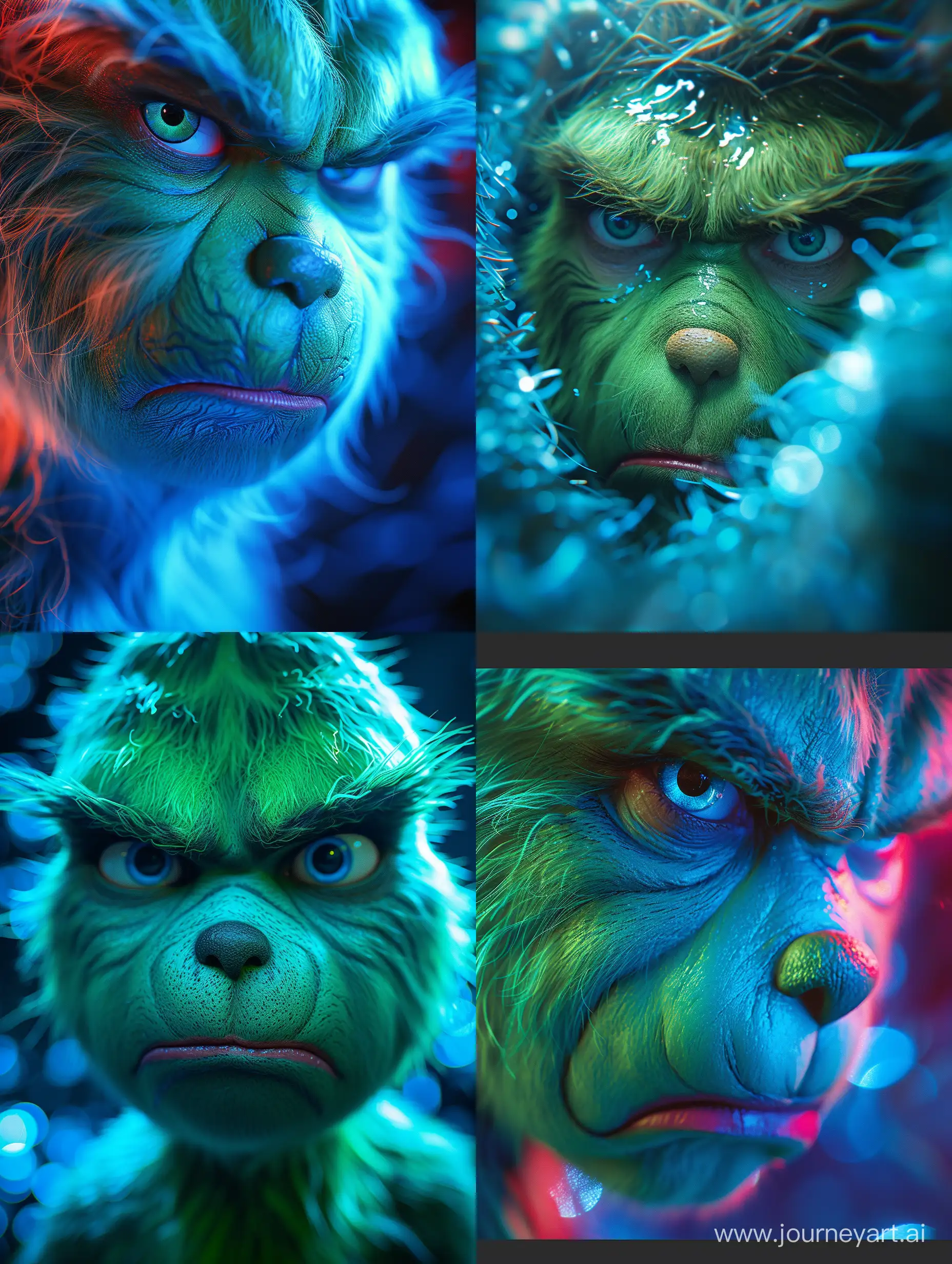 Very very extreme absurde fantastic  the Grinch  ,extreme closeup with fisheye ,dynamic blue light neon effect  camera angle dramatic  ,colorful ,fashion shoot ,highly detailed --ar 3:4 --style raw --stylize 500 --v 6