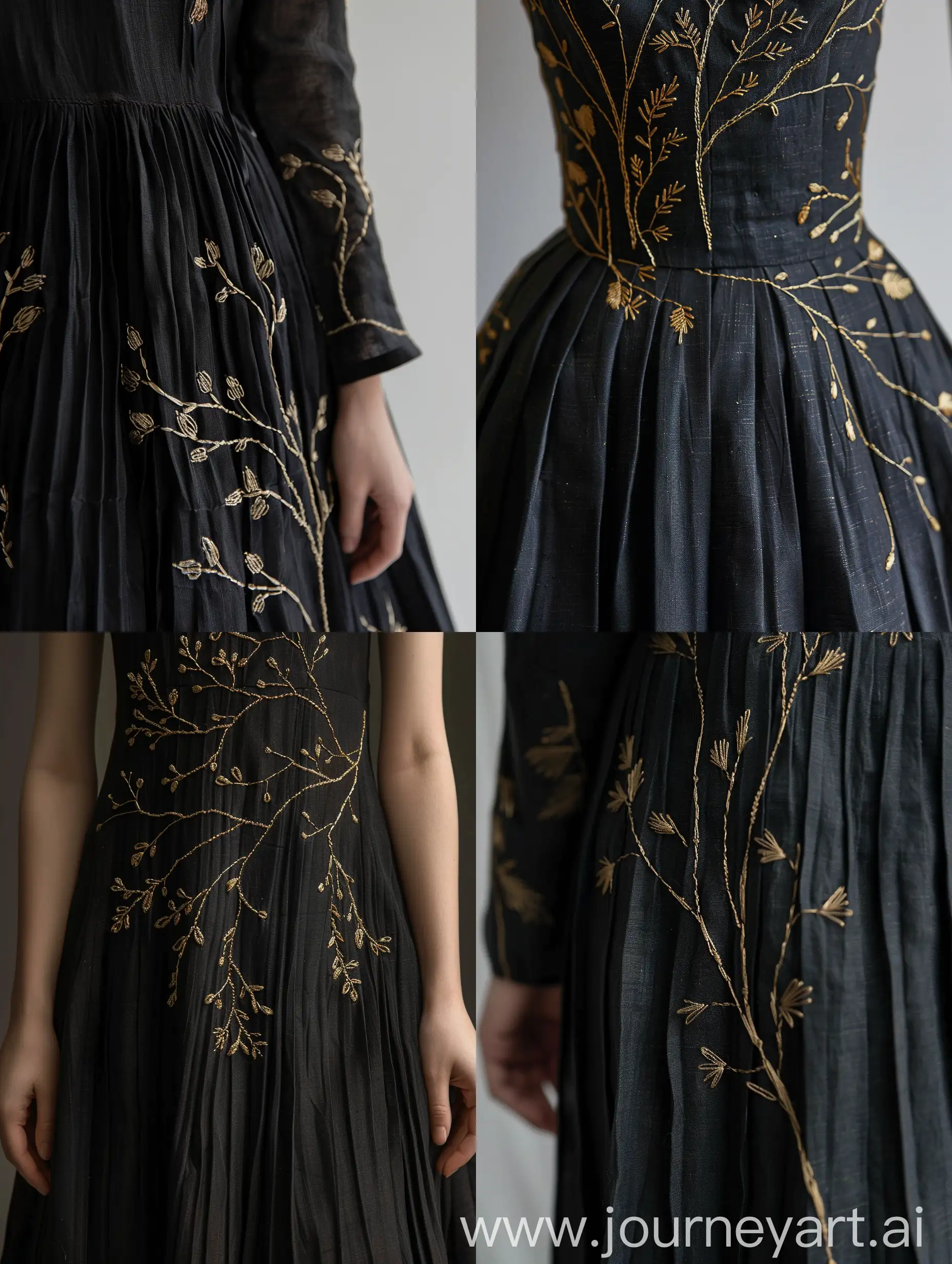 Dress, linen material, black color, with branch and leaf embroidery, golden embroidery color, pleated dress